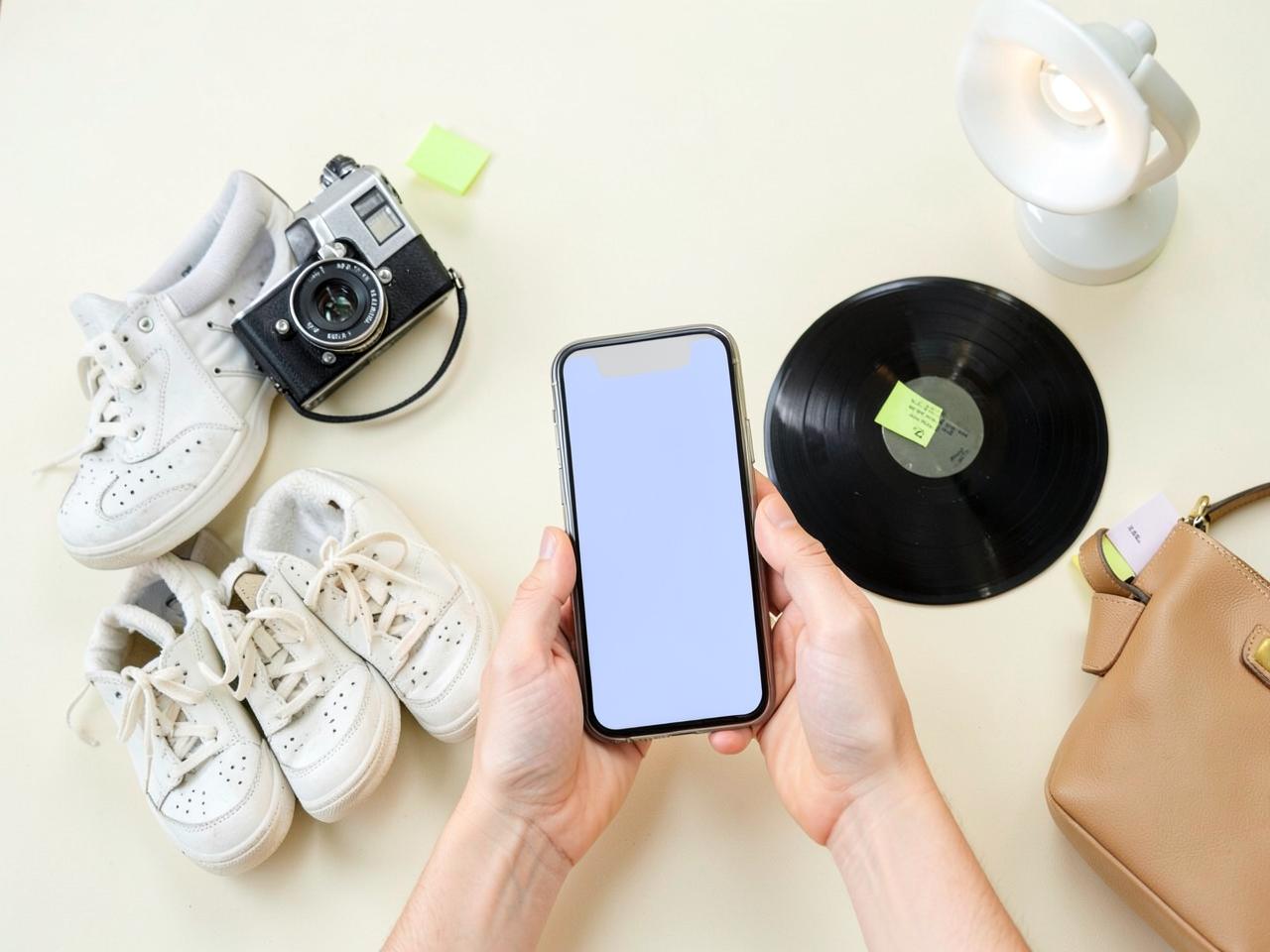 Handy fotografiert gebrauchte Sachen: Sneaker, Kamera, Schallplatte und Tasche