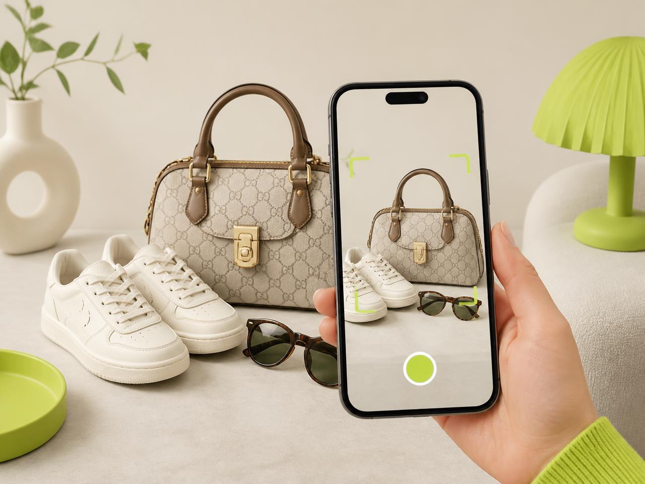Handy fotografiert Tasche, Sneaker und Sonnenbrille