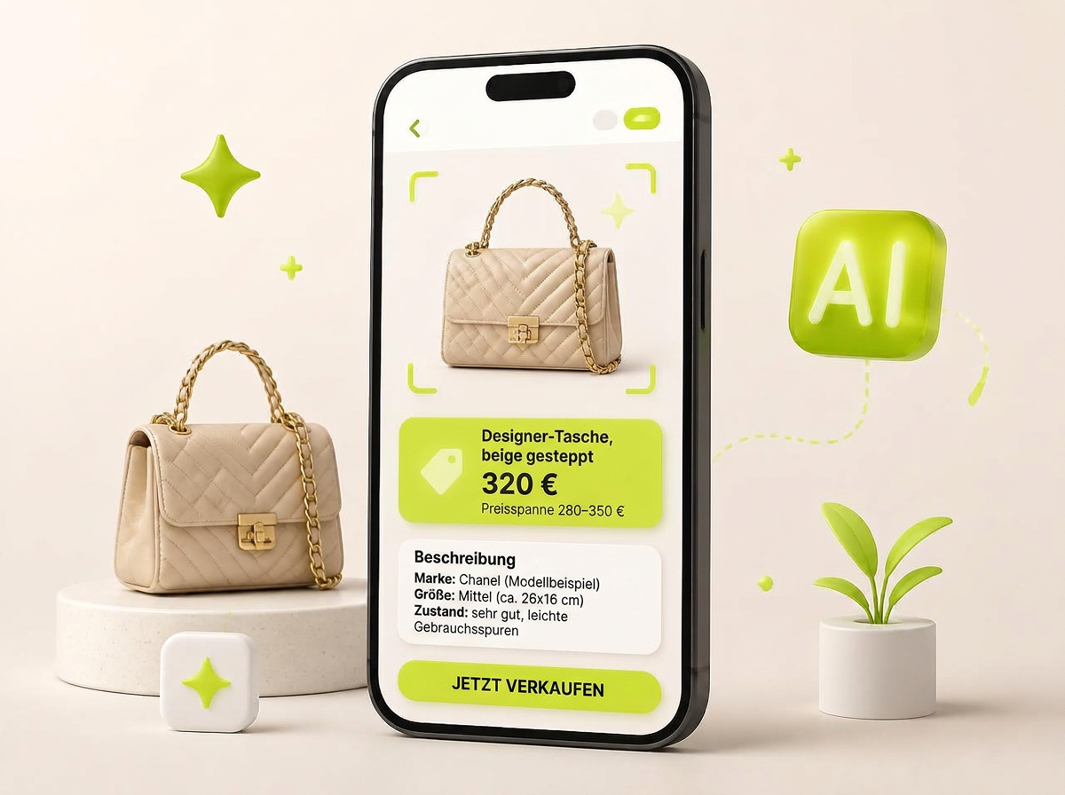 Handy zeigt automatisch erkannte Tasche mit Preis und Beschreibung